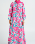 Load image into Gallery viewer, Turkish Cotton Tie-Up neckline Jalabiya +Shailah - Pink and Blue Roses