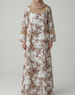 Load image into Gallery viewer, Pin-Tuck Mesh Sleeves Jalabiya - Brown and Beige Flowers