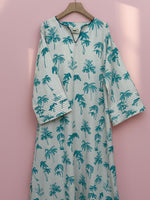 Load image into Gallery viewer, Cotton and Linen Blend Pin-Tuck Sleeves Jalabiya - Turquoise Palms