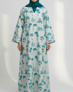 Load image into Gallery viewer, Cotton and Linen Blend Pin-Tuck Sleeves Jalabiya - Turquoise Palms