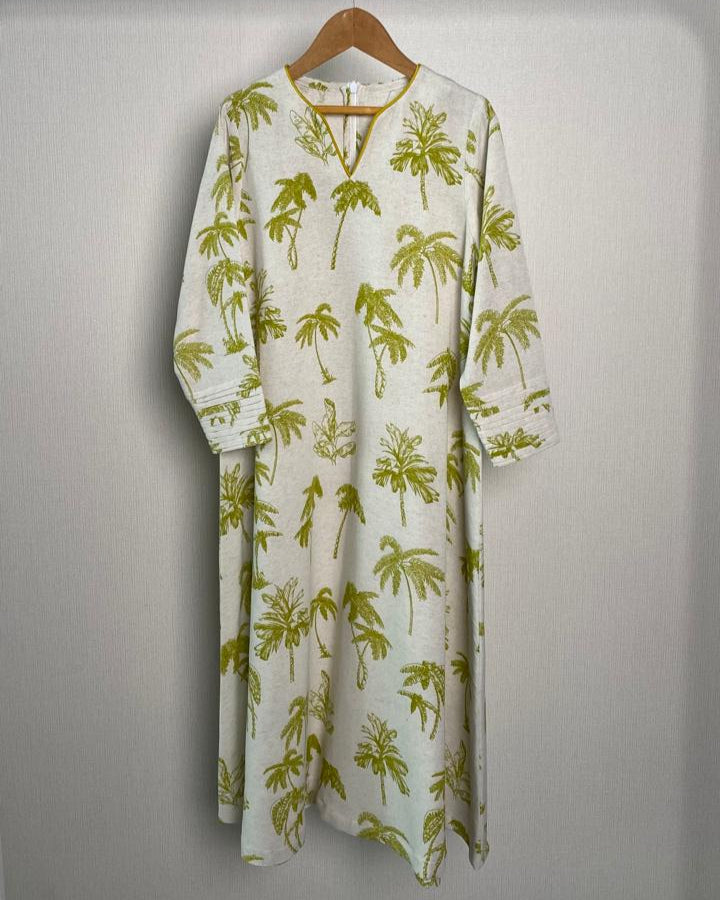 KIDS Pin-Tuck Sleeves Jalabiya - Lime Yellow Palms