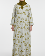 Load image into Gallery viewer, Cotton and Linen Blend Pin-Tuck Sleeves Jalabiya - Lime Yellow Palms