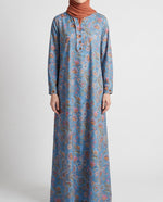 Load image into Gallery viewer, BEDAZZLED COLLECTION - Pleated V-neck Jalabiya - Blue Garden Motifs