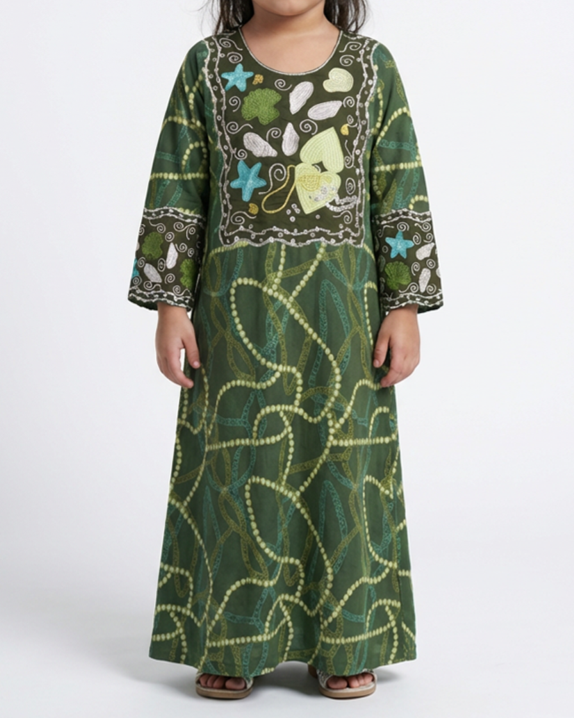 KIDS EMBROIDERY COLLECTION - Green Star & Shell Charm Jalabiya
