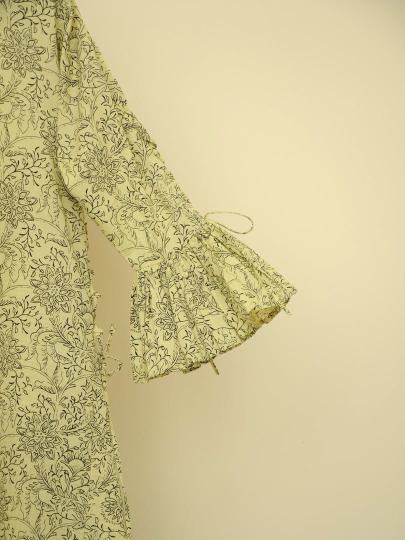 Classic Waist Ribbons Jalabiya - Pastel Yellow and Grey Flowers