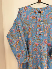 BEDAZZLED COLLECTION - Pleated V-neck Jalabiya - Blue Garden Motifs