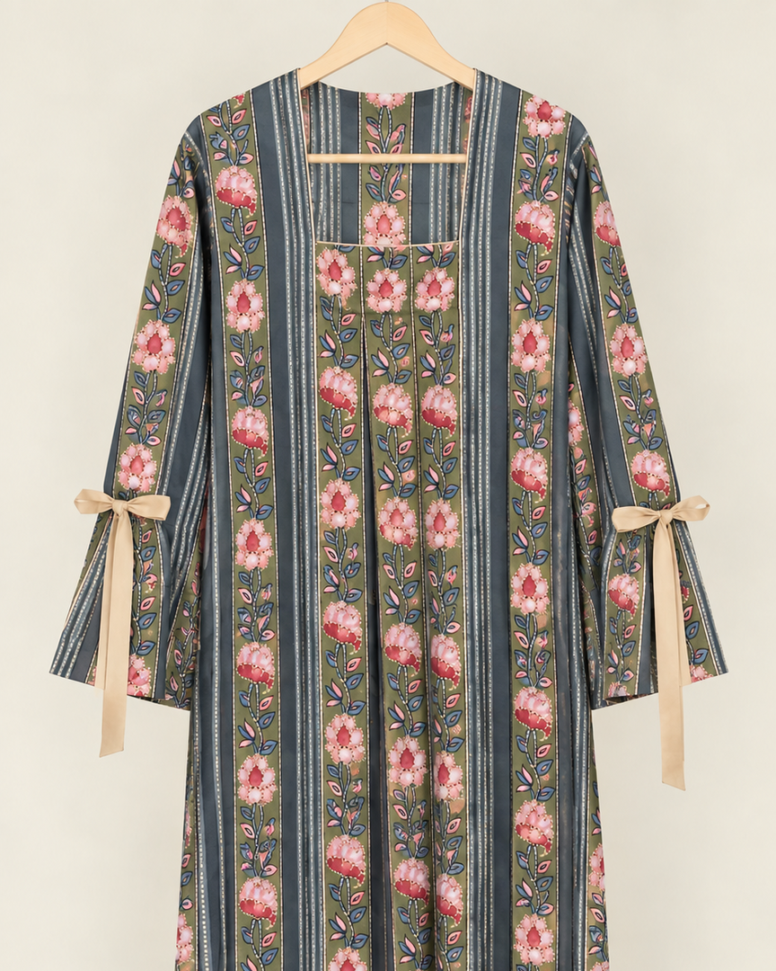 Pleated Tie Sleeve Jalabiya - Grey