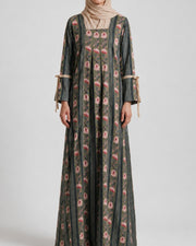 Pleated Tie Sleeve Jalabiya - Grey