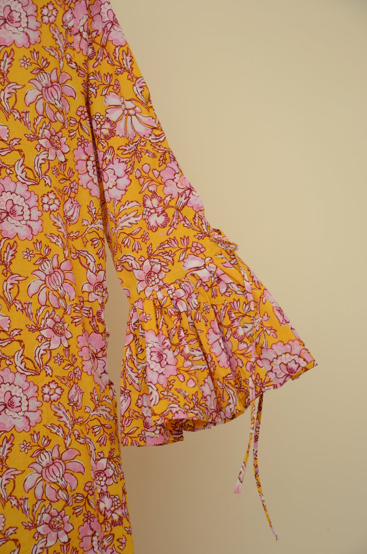 Classic Waist Ribbons Jalabiya - Orange and Pink Flowers