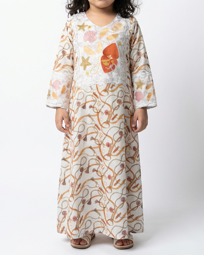 KIDS EMBROIDERY COLLECTION - White Star & Shell Charm Jalabiya