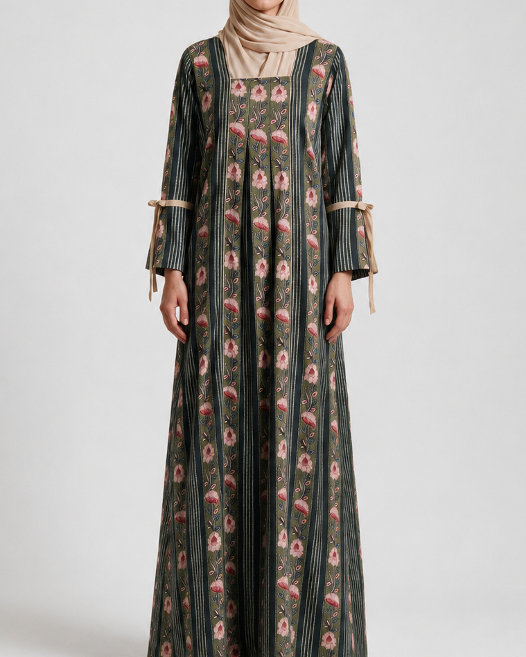 Pleated Tie Sleeve Jalabiya - Grey