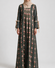Pleated Tie Sleeve Jalabiya - Grey