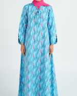 Load image into Gallery viewer, Turkish Cotton Tie-Up neckline Jalabiya - Pink and Blue Flame Waves
