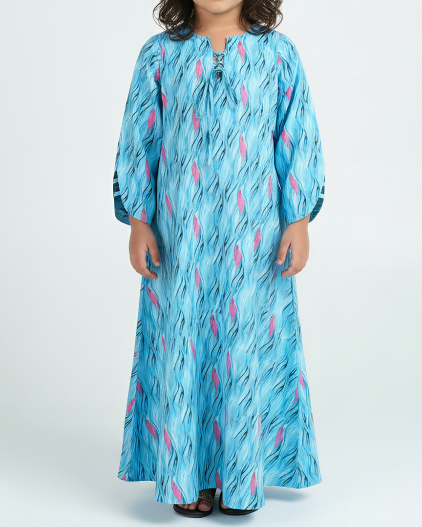 KIDS Tie-Up neckline Jalabiya - Pink and Blue Flame Waves