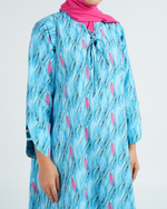 Load image into Gallery viewer, Turkish Cotton Tie-Up neckline Jalabiya - Pink and Blue Flame Waves
