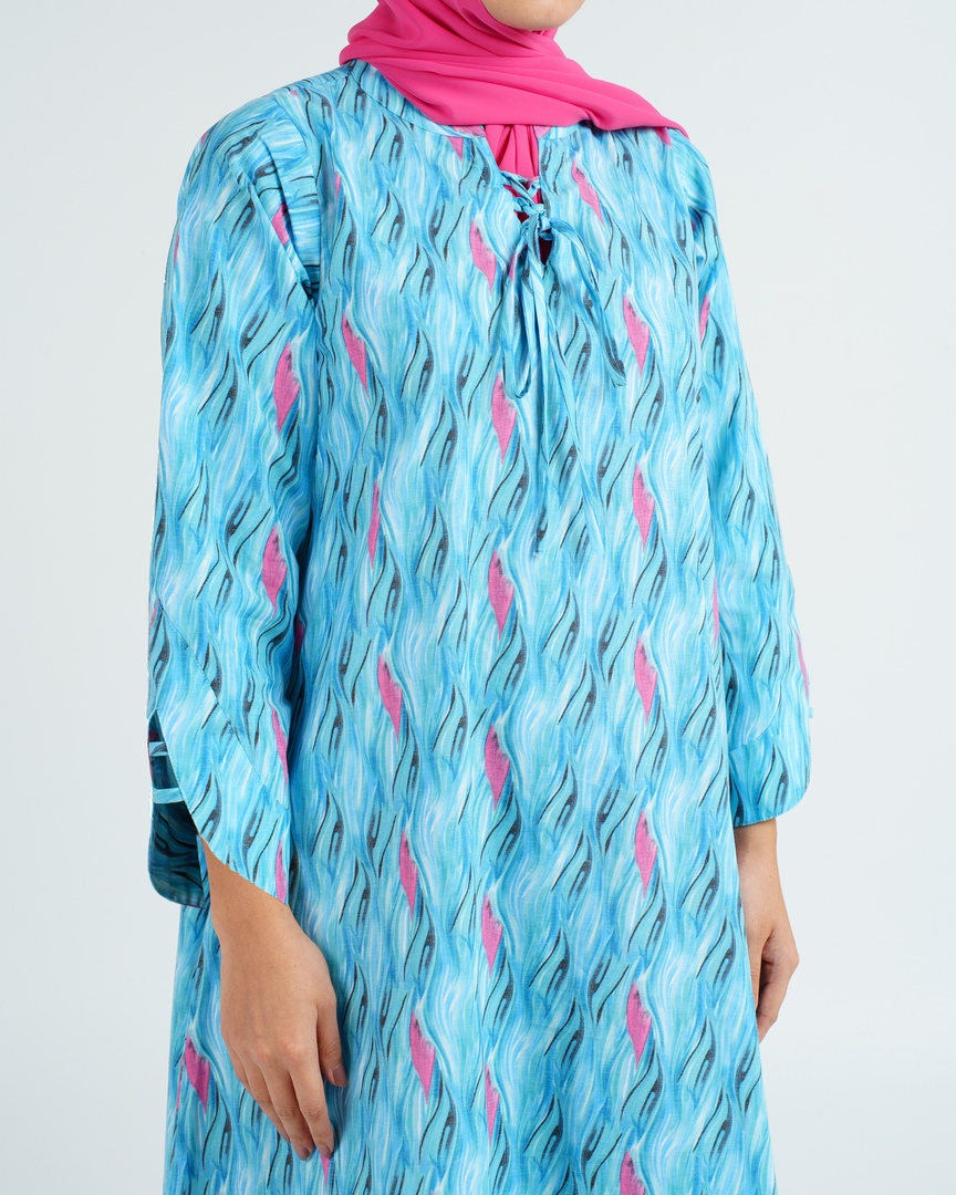 Turkish Cotton Tie-Up neckline Jalabiya - Pink and Blue Flame Waves