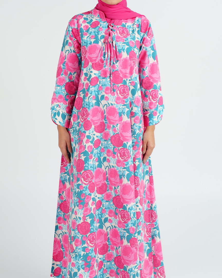 Turkish Cotton Tie-Up neckline Jalabiya - Pink and Blue Roses