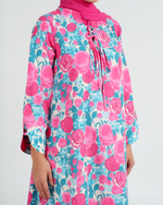 Load image into Gallery viewer, Turkish Cotton Tie-Up neckline Jalabiya - Pink and Blue Roses
