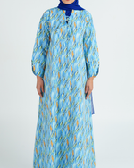 Load image into Gallery viewer, Turkish Cotton Tie-Up neckline Jalabiya - Orange and Blue Flame Waves
