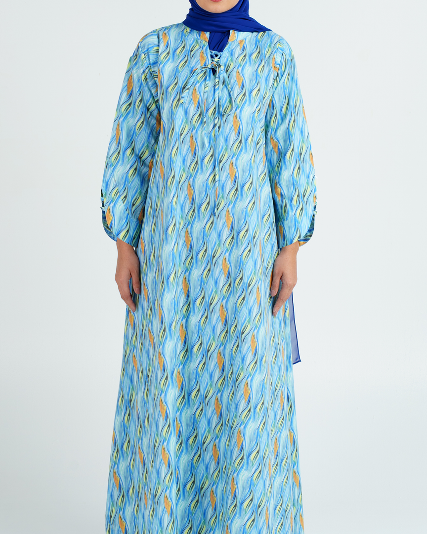 Turkish Cotton Tie-Up neckline Jalabiya - Orange and Blue Flame Waves