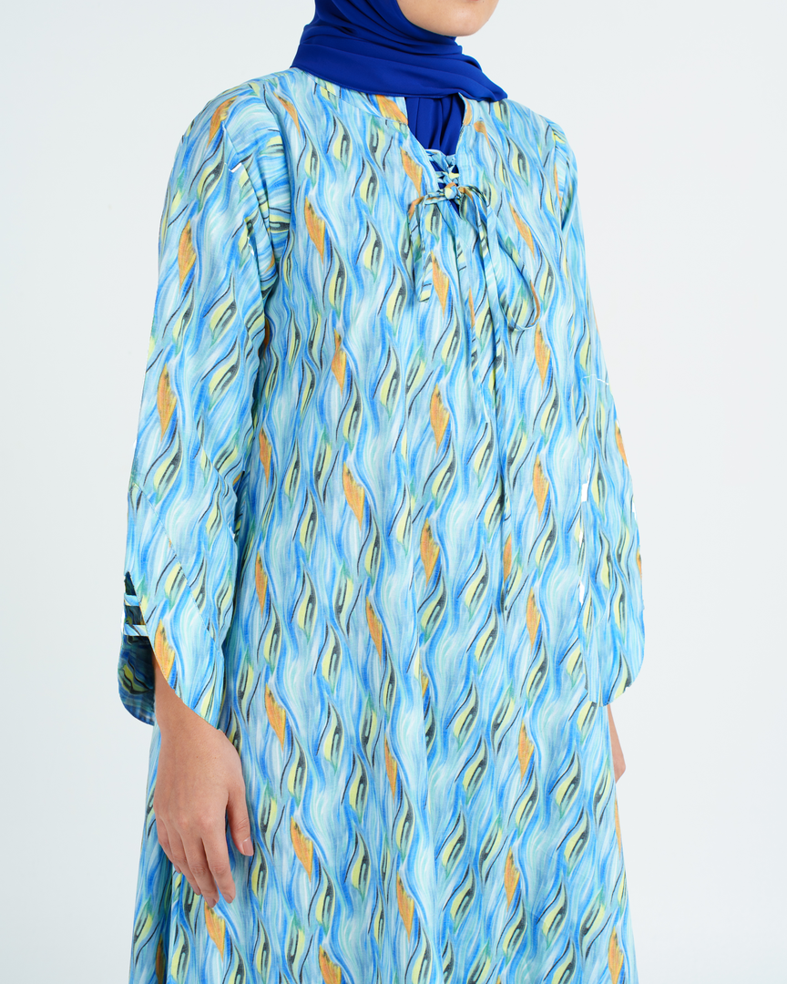 Turkish Cotton Tie-Up neckline Jalabiya - Orange and Blue Flame Waves