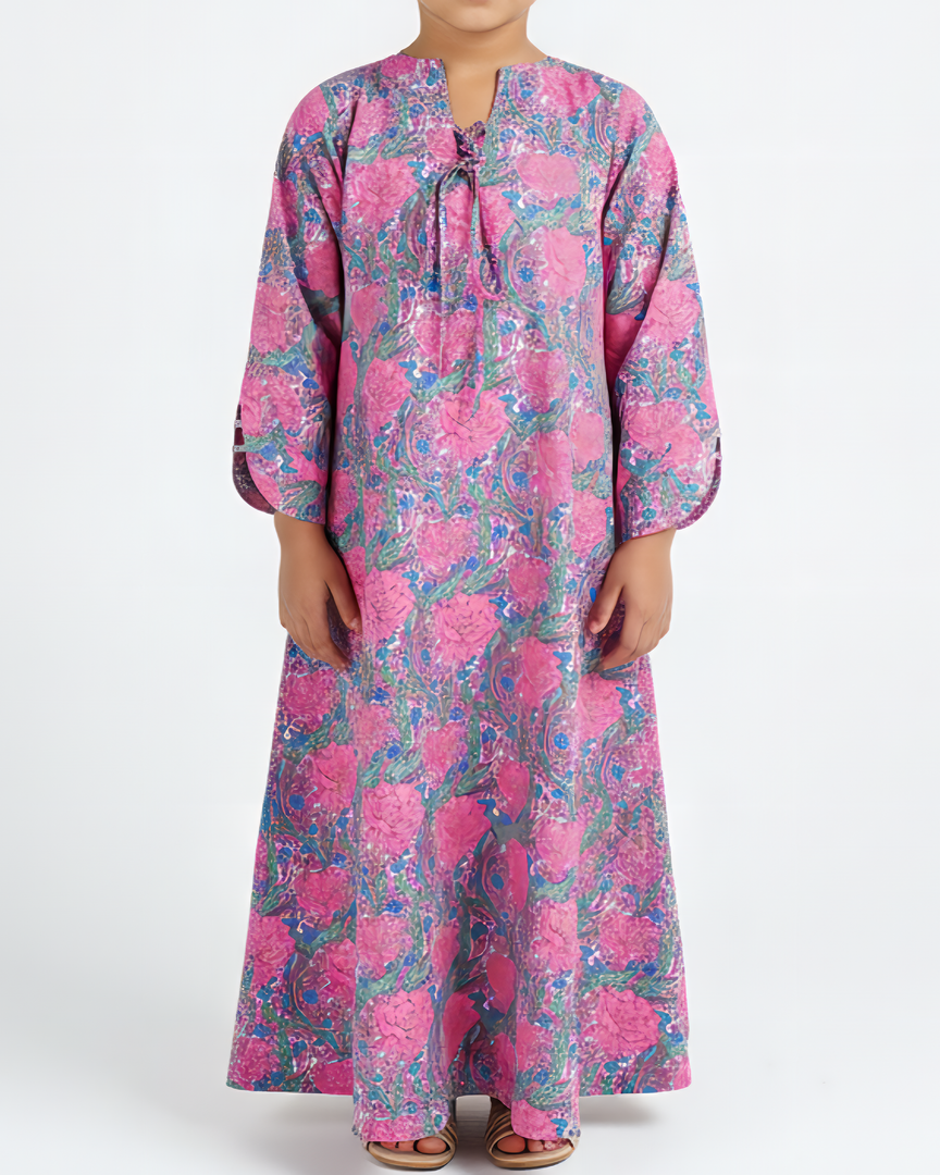 KIDS Tie-Up neckline Jalabiya - Pink Roses Garden