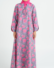 Turkish Cotton Tie-Up neckline Jalabiya +Shailah - Pink Roses Garden