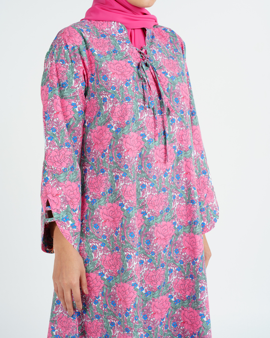 Turkish Cotton Tie-Up neckline Jalabiya - Pink Roses Garden