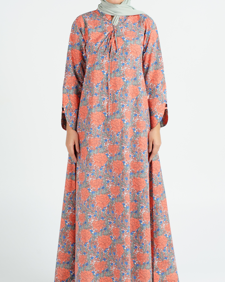 Turkish Cotton Tie-Up neckline Jalabiya - Orange Roses Garden