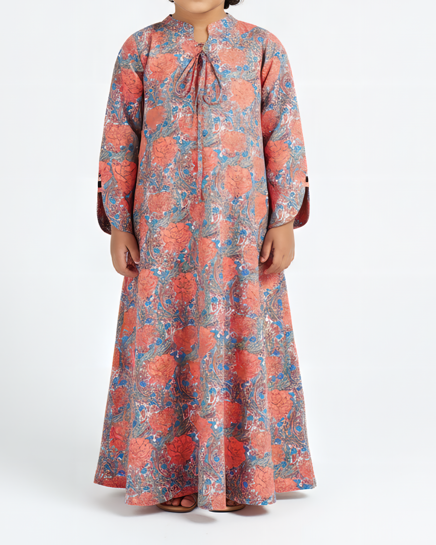 KIDS Tie-Up neckline Jalabiya - Orange Roses Garden