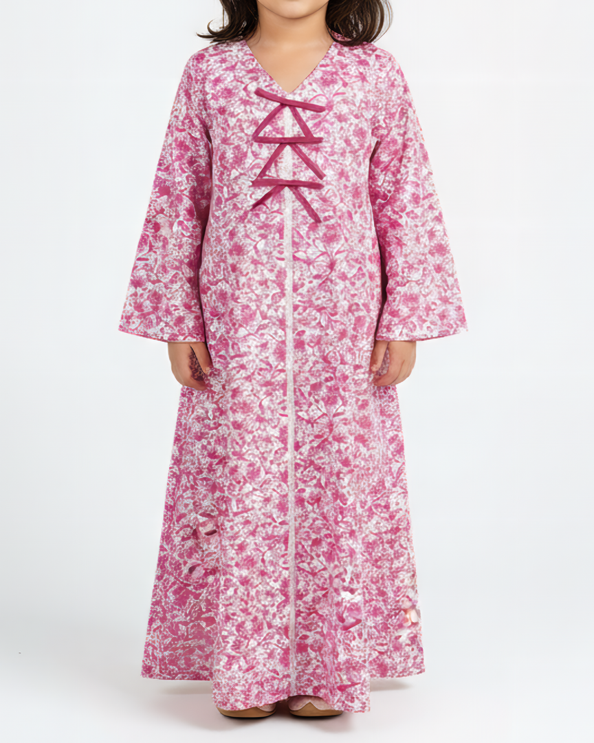 KIDS Triple Ribbons  jalabiya - Ruby Red Flowers