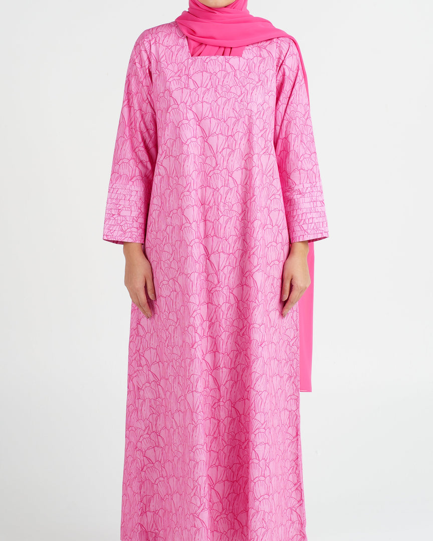 Indian Cotton Pin-Tuck Sleeves Jalabiya M009 - Pink Tulips