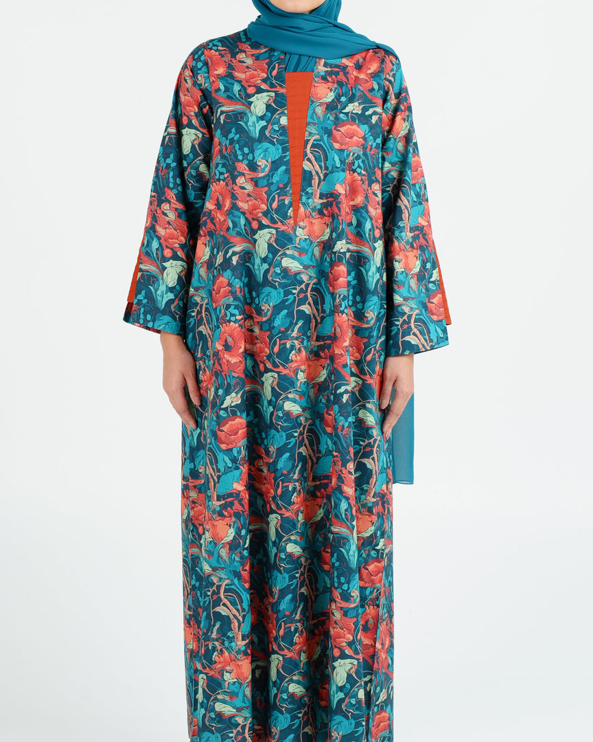 Indian Cotton Pleated Front Panels - Teal and Coral Floral