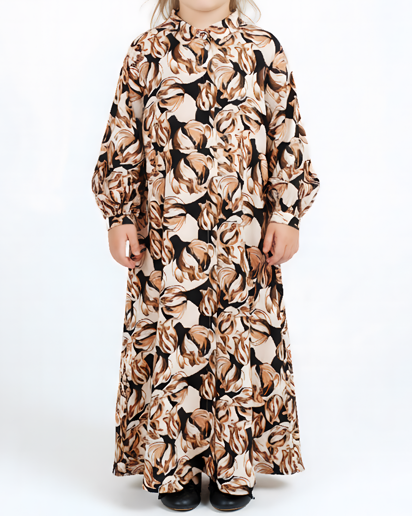 KIDS Rayon Black and Beige Flowers