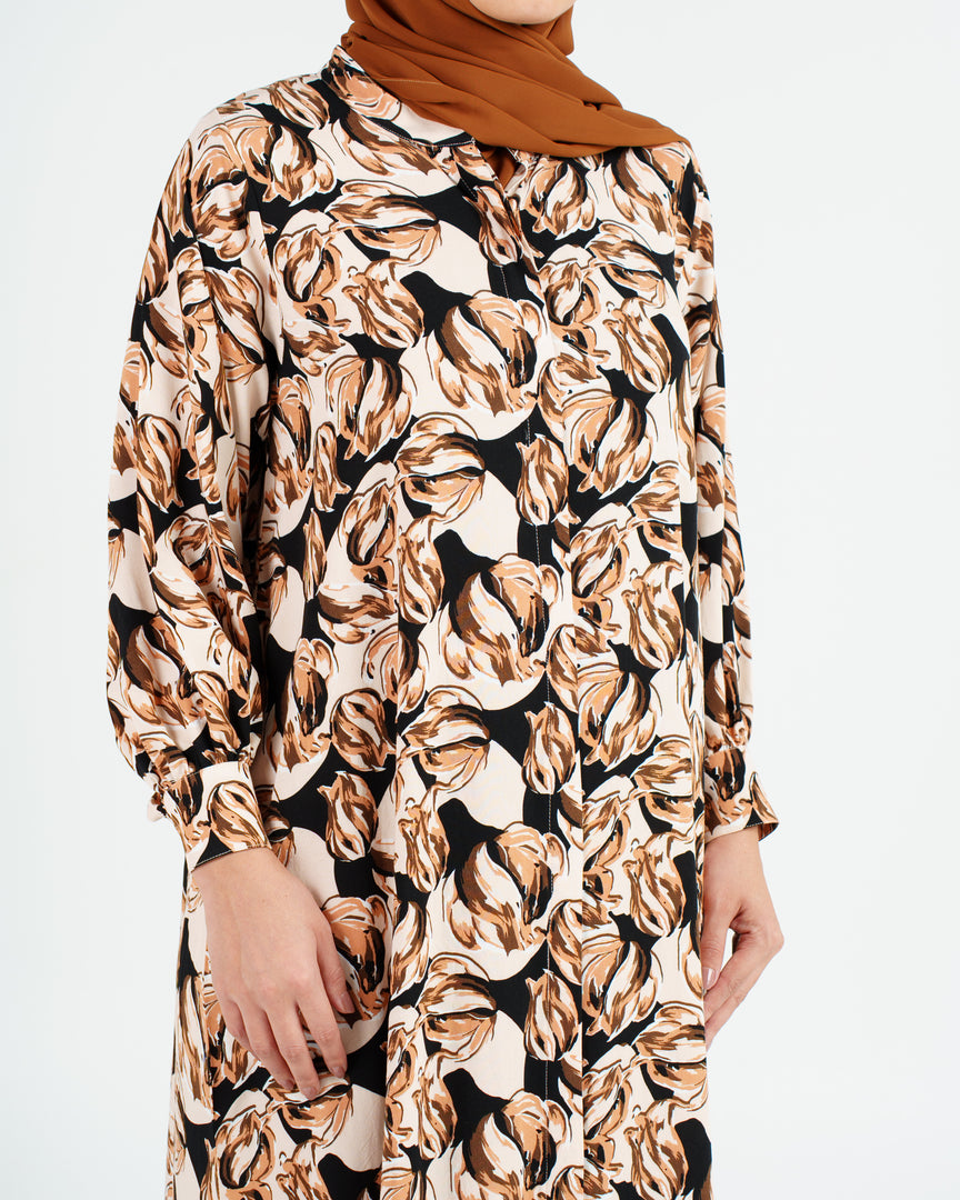 Rayon Black and Beige Flowers