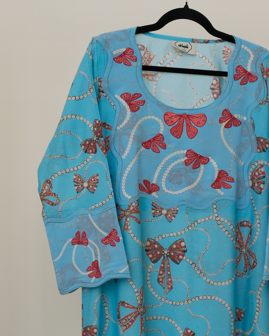 Embroidery Jalabiya - Blue and Red Bow Chains