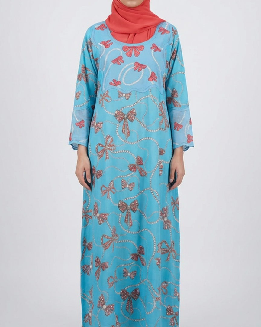 Embroidery Jalabiya - Blue and Red Bow Chains