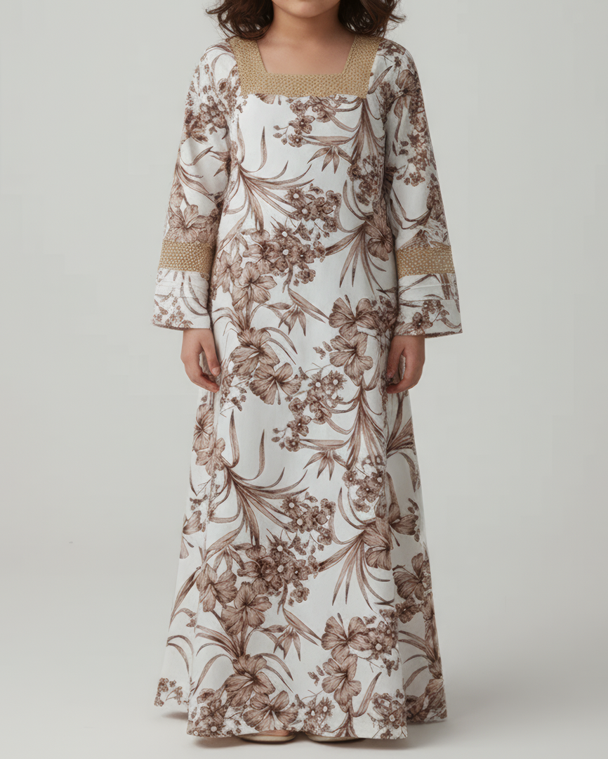 KIDS Tuck Mesh Sleeves Jalabiya - Brown and Beige Flowers
