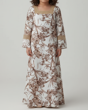 KIDS Tuck Mesh Sleeves Jalabiya - Brown and Beige Flowers