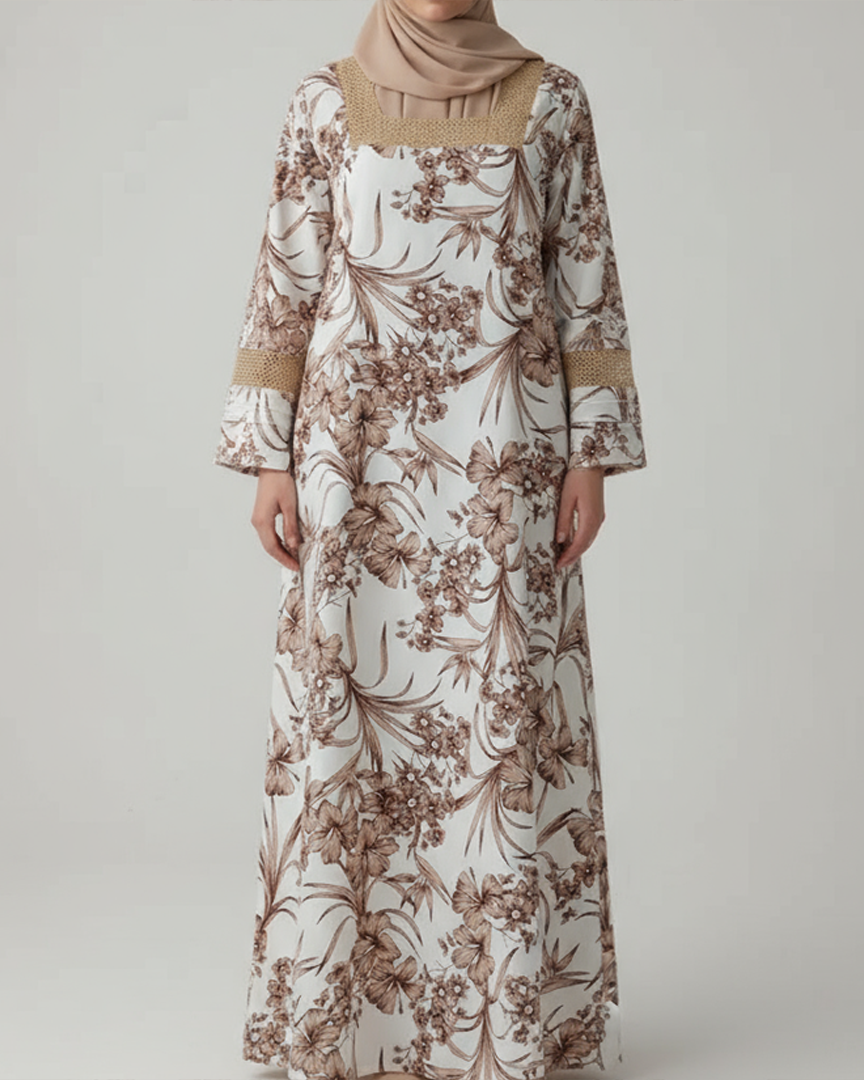 Pin-Tuck Mesh Sleeves Jalabiya - Brown and Beige Flowers