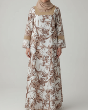 Pin-Tuck Mesh Sleeves Jalabiya - Brown and Beige Flowers