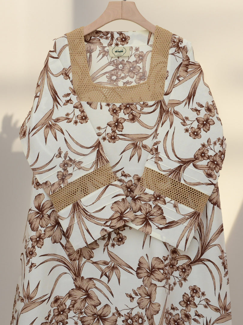 Pin-Tuck Mesh Sleeves Jalabiya - Brown and Beige Flowers