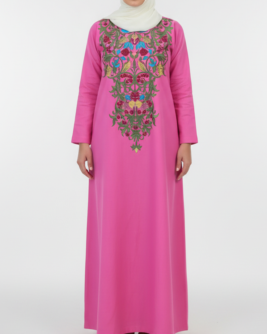 Pure Linen Embroidery Jalabiya - Pink