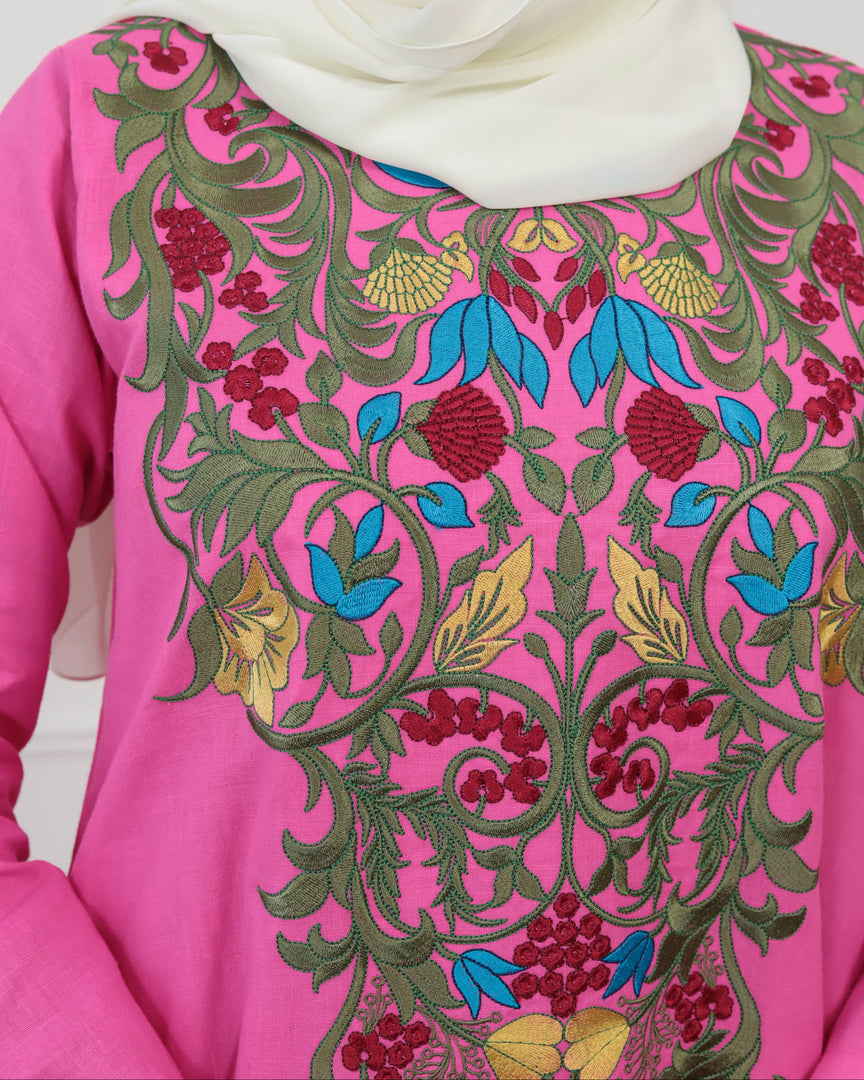 Pure Linen Embroidery Jalabiya - Pink