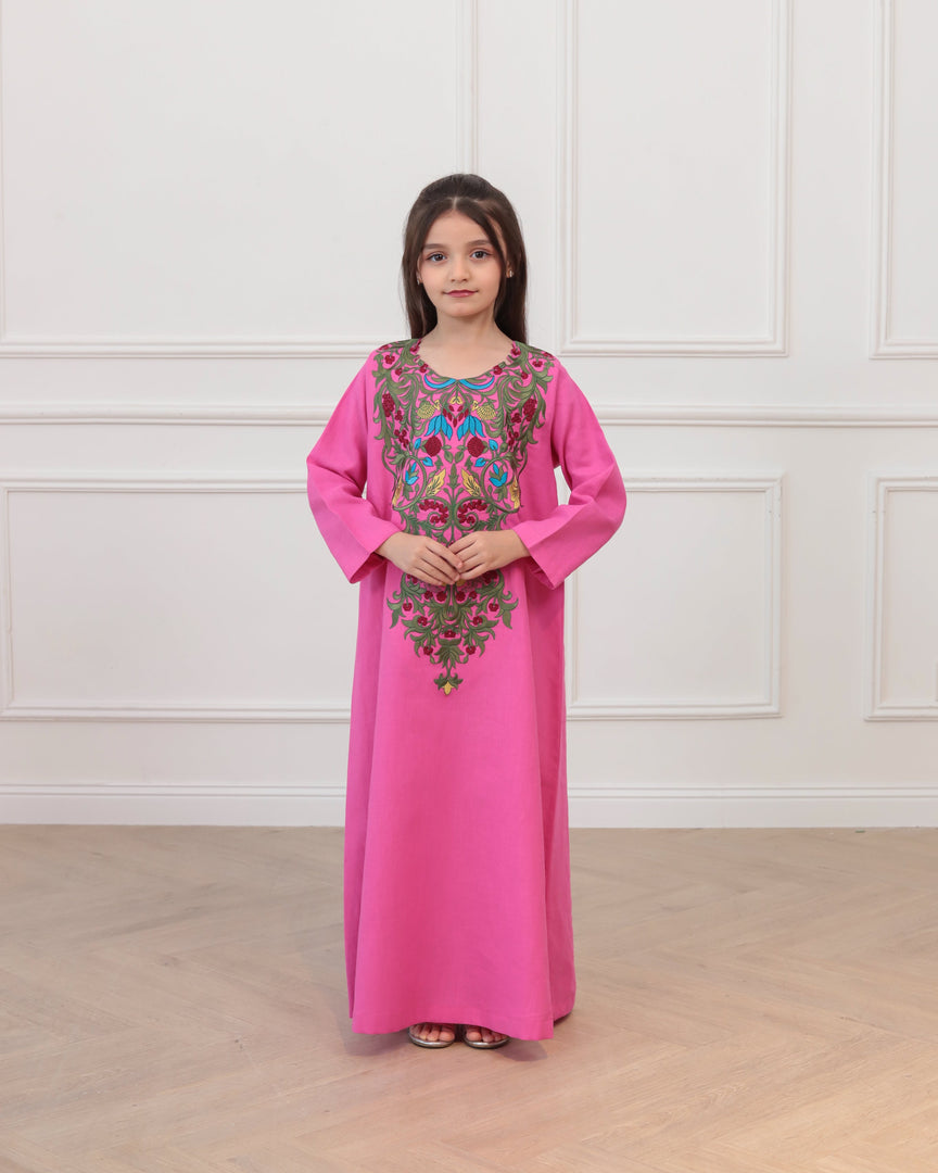 KIDS Pure Linen Embroidery Jalabiya - Pink