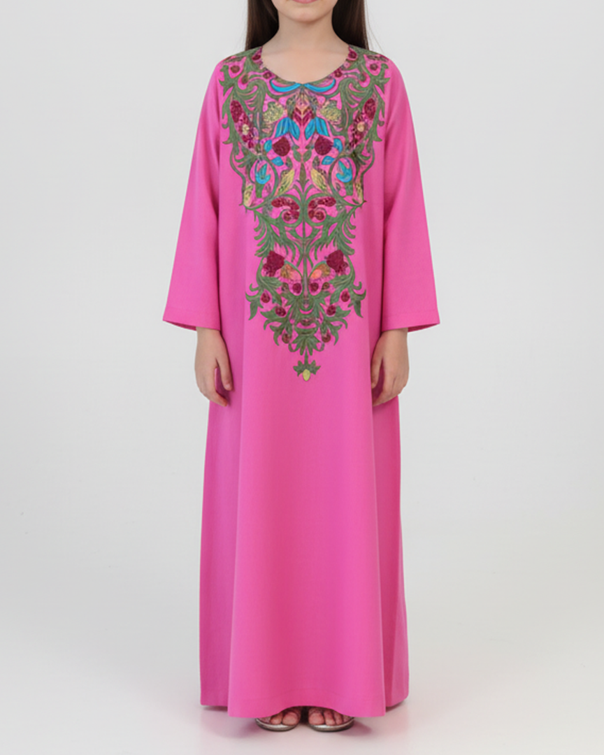 KIDS Pure Linen Embroidery Jalabiya - Pink