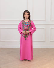 KIDS Pure Linen Embroidery Jalabiya - Pink