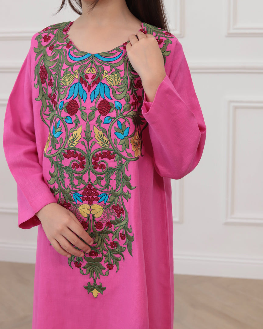 KIDS Pure Linen Embroidery Jalabiya - Pink