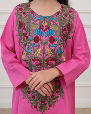 KIDS Pure Linen Embroidery Jalabiya - Pink