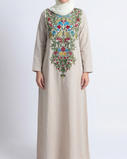 Pure Linen Embroidery Jalabiya - Beige